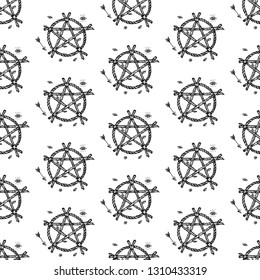Dotwork Witch Pentagram Seamless Pattern. Vector Illustration of Tattoo Hand Drawn Sketch.