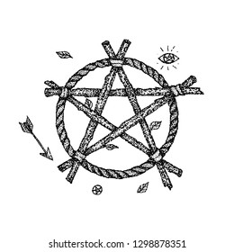 Dotwork Witch Pentagram. Vector Illustration of T-shirt Design. Tattoo Hand Drawn Sketch.