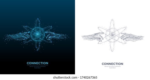 Double 3d image of hands touching abstract technology circles with global connection lines. Vector connection, data exchange technology concept isolated in white and dark blue. Digital polygonal mesh 