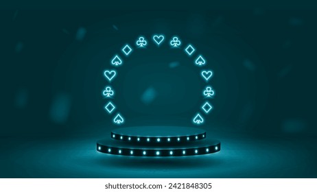 A double 3D podium with a bright neon arch of card suits on a blue and green background. the concept for an online casino.