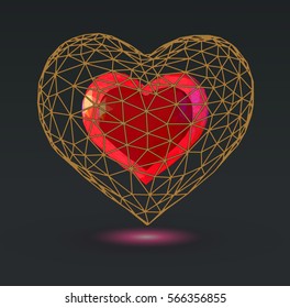 Double abstract geometric heart symbol in gold polygonal wireframe cage on dark background