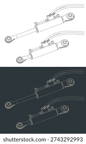 Double acting hydraulic cylinder isometric drawings stylized vector illustrations
