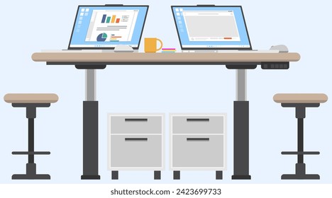 Double adjustable desk for two place stand with laptop and working, Officer locker under the desk, Officer desk setup, Co-working space desk.