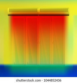 Double air curtain above door vector illustration. Hot airflow for a thermal imager. Colored thermographic image of the scan camera. The infrared temperature distribution in the building.