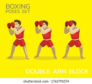 Double Arm Block Manga Boxing Poses Set Man Cartoon Vector Illustration