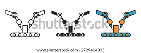 Double Arm Robot Icon. Dual robotic arm assembly line vector set for high-tech manufacturing, laboratory automation, and engineering process.