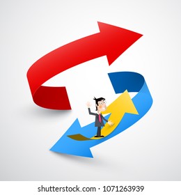 Double Arrow with Business Man. Vector Red Up and Blue Down 3D Arrows.