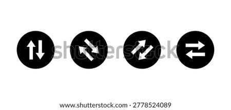 Double arrow direction icon in black circle. Swap vertical and horizontal symbol. Two directional arrows sign