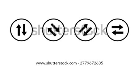 Double arrow direction icon in circular outline. Swap vertical and horizontal symbol. Two directional arrows sign