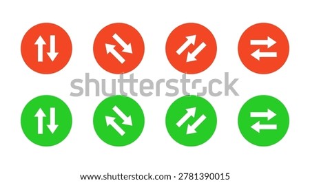 Double arrow direction icon in red and green circle. Swap vertical and horizontal symbol. Two directional arrows sign