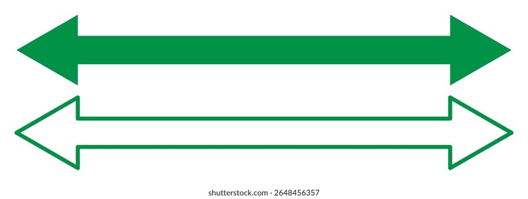 Ícone de seta dupla. Sinal duplo. Seta reta longa horizontal com dois ponteiros para a esquerda e para a direita. Símbolo do ícone de duas setas laterais. Seta apontando para a direita e para a esquerda dos dois lados. Ilustração vetorial