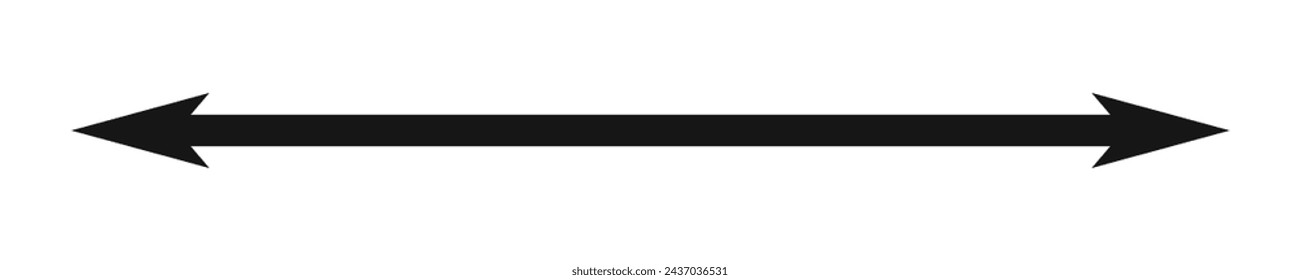 Double arrow icon. Long straight horizontal arrow with two-sided pointers. Black width sign or east and west symbol isolated on white background. Vector graphic illustration.