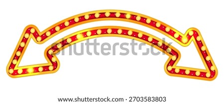 Double arrow marquee sign with retro neon bulb light for circus, casino or carnival show. Red gold illuminated pointer in vintage style for theater billboard or vegas showtime. Curved shape vector.