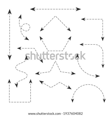 Double arrow set icons with dashed editable stroke and movable endpoint. Geometric arrows for shemes, drawings infographics.