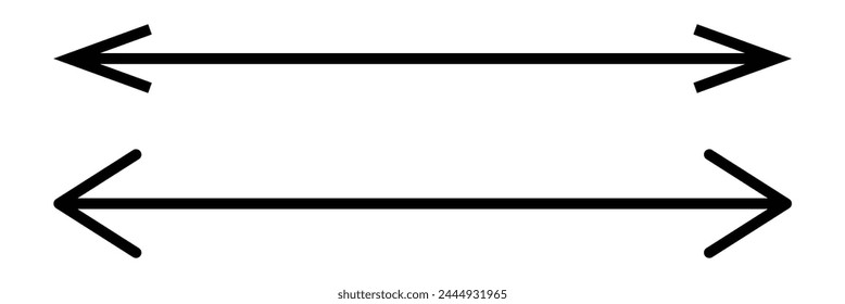 Double arrow sign. Horizontal long straight arrow with two left and right pointers. Black width symbol isolated on white background. Vector illustration. EPS file 25.