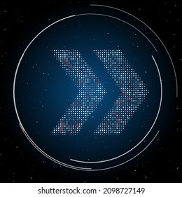 The double arrow symbol filled with white dots. Pointillism style. Some dots is red. Vector illustration on blue background with stars