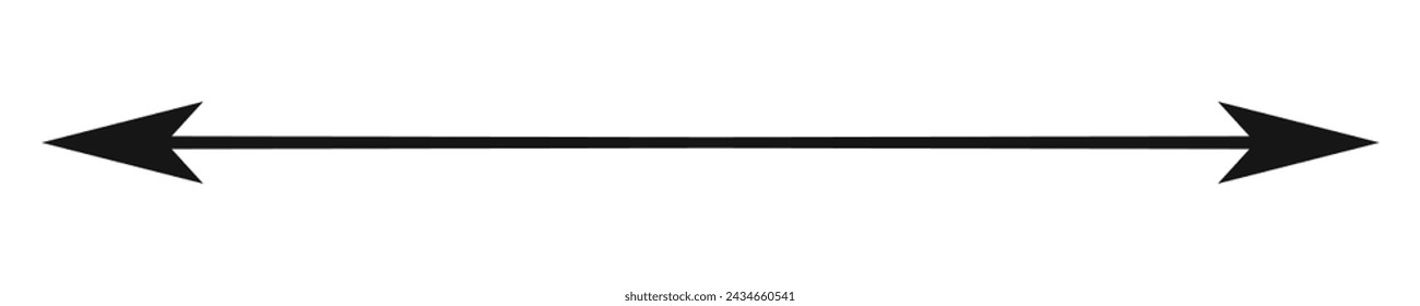 Double arrow symbol. Long straight horizontal arrow with two-sided pointers. Black width or east and west orientation icon isolated on white background. Vector graphic illustration.