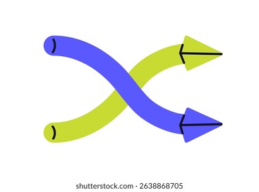 Double arrow symbol for shuffle and change. Curved crossing pointers, swap and switch movement, split direction, reroute, flow sign, icon. Flat vector illustration isolated on white background
