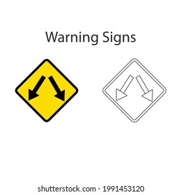 Double arrow traffic sign of roadway splits 2 style, Yellow vector illustration and hand drawing on white background.