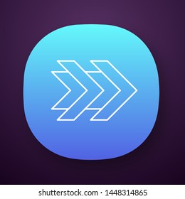 Double arrows app icon. Fast forward right arrowheads. Rewinding button. Navigation pointer, indicator symbol. UI/UX user interface. Web or mobile application. Vector isolated illustration