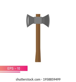 Double axe with wooden handle. Realistic design. On a white background. Tools for the woodcutter and forester. Flat vector illustration.