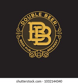 Double B interlocking letter. Beer Pub logo. Two beer pub emblem. Yellow monogram double B.