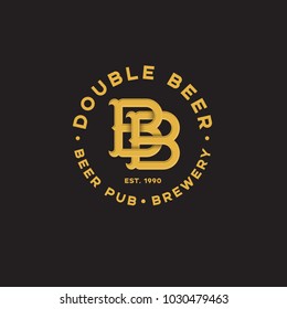 Double B letter. Beer Pub logo. Two beer pub emblem. Yellow monogram double B.