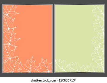 Double background with contours of oak and maple leaves on an orange and green background. Set from autumn background for invitations, cards and banners.