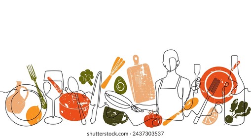 Double background with linear pattern and colorful illustration on Culinary theme. Chef with kitchen utensils and healthy food. Cooking meal vector poster.