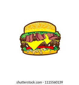 Double bacon cheeseburger.100% vector. Ideal for logo’s, stickers, flyers, promotions, T-shirts, web design, apps and all other design requirements.