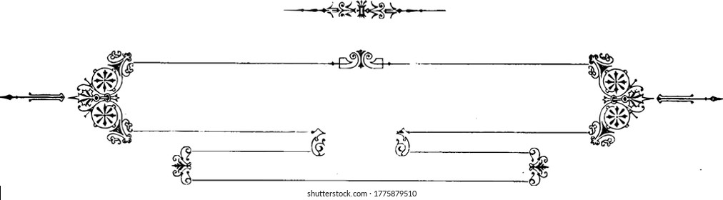 A double banner, two banners with regular, repeated, fancy and floral designs on horizontal frames, vintage line drawing or engraving illustration.