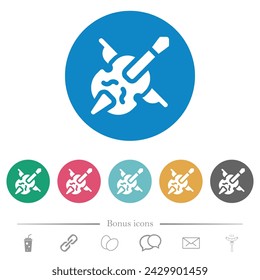 Double bass and bow solid flat white icons on round color backgrounds. 6 bonus icons included.