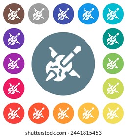 Double bass and bow solid flat white icons on round color backgrounds. 17 background color variations are included.