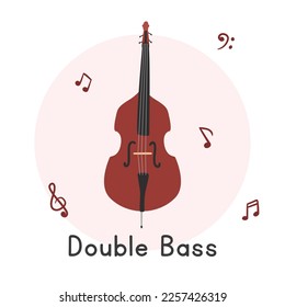 Double bass clipart cartoon style. Simple cute brown contrabass,  string bass, bass fiddle, bull fiddle string instrument flat vector illustration. Stringed instruments hand drawn doodle style