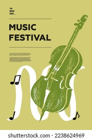 Doble contrabajo, contrabando, contrapeso, chelo.  Afiche del festival de música. Instrumentos musicales de cuerda. Competencia. Un conjunto de ilustraciones vectoriales. Diseño minimalista. Cartel, volante, portada, impresión.