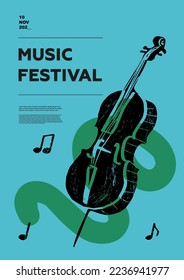 Double bass, contrabass, counterbass. Music festival poster. String musical instruments. Competition. A set of vector illustrations. Minimalistic design. Banner, flyer, cover, print.