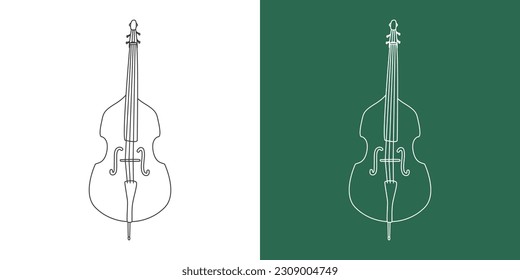 Double bass line drawing cartoon style. String instrument double bass clipart drawing in linear style isolated on white and chalkboard background. Musical instrument clipart concept, vector design