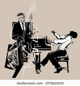 Double bass and piano player. Jazz or classic musicians. - vector illustration