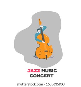 double bass player in a bright jacket plays the instrument. improvisation. jazz music concert. flat vector illustration. cartoon double bass