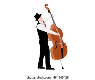 Double bass player with a contra bass stands on a white background. Vector man in suit playing a musical instrument. Classic concert and festival. Vintage vector illustration.