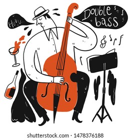 Double bass player contrabass playing. Vector Illustration in doodles style.