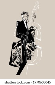 Double bass player. Jazz or classic musician. - vector illustration