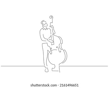 Double bass player in line art drawing style. Composition of a musician playing. Black linear sketch isolated on white background. Vector illustration design.