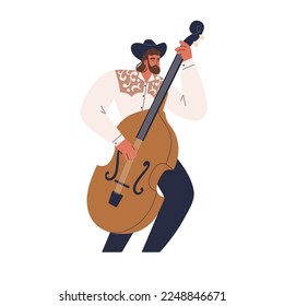 Double bass player performing classic music. Musician artist standing, holding string instrument, playing with fingers. Professional performer. Flat vector illustration isolated on white background