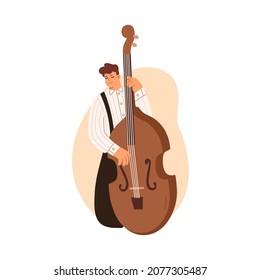 Double bass player standing with big string instrument, playing classical music with fingers. Man musician. Professional contrabassist in shirt. Flat vector illustration isolated on white background