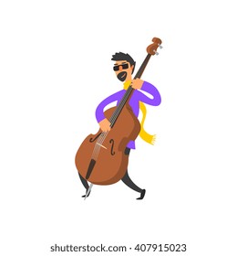 Double Bass Player Vector Illustration In Primitive Cartoon Childish Style Isolated On White Background