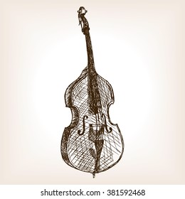 Double bass sketch style vector illustration. Old engraving imitation. Musical instrument hand drawn sketch imitation