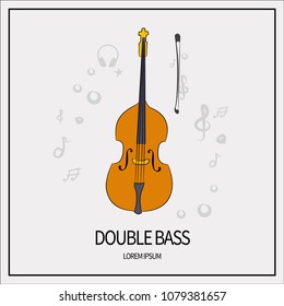 Double bass, stringed-plucked instrument. Icon isolated on a light background. With elements of a treble clef, a star, headphones, a mediator. Banner with a frame. Vector illustration.