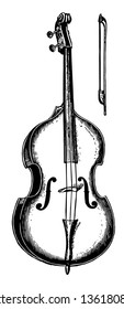 Doble Bass está sintonizado en cuartos y tiene los hombros inclinados y la parte posterior plana característica de las violetas, el dibujo vintage de la línea o la ilustración grabadora.