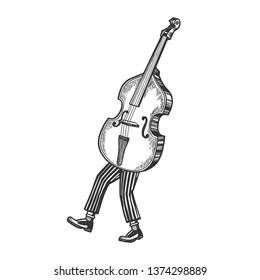 Double bass violin alto cello string instrument walks on its feet sketch engraving vector illustration. Scratch board style imitation. Black and white hand drawn image.